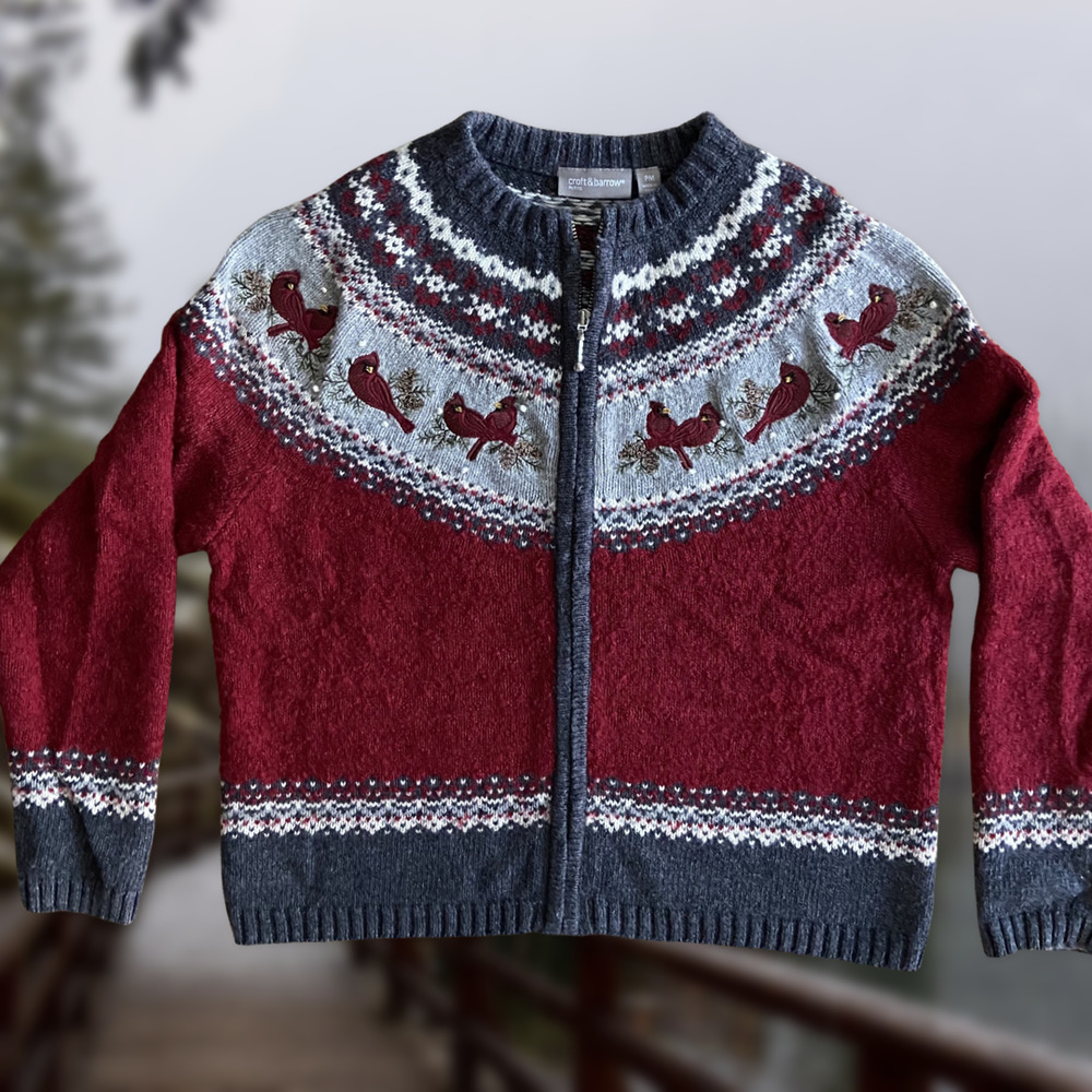 Croft & Barrow Christmas Ugly Cardinals Silk Knit Red Cardigan Sweater